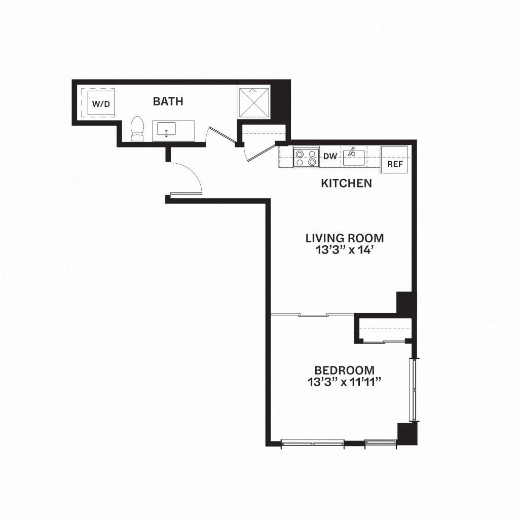 Floor plan for 1 bed, 1 bath, 621 sqft